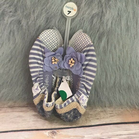 naartjie Girls Shoes Size 7 Lil Anise Peep Toe Flats Lavender Stripe Flower NEW - Picture 5 of 7